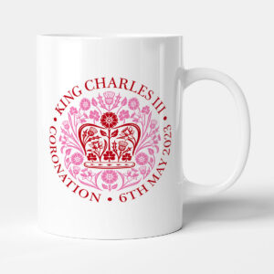 Commemorative King Charles III Emblem, Red and Pink - Memorabilia, Souvenir Coronation Gift Mug