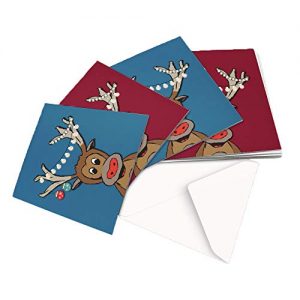 10 Christmas Cards 2 Designs Original Reindeer with Lights Illustration Blue+RED - Square Greeting Card X10