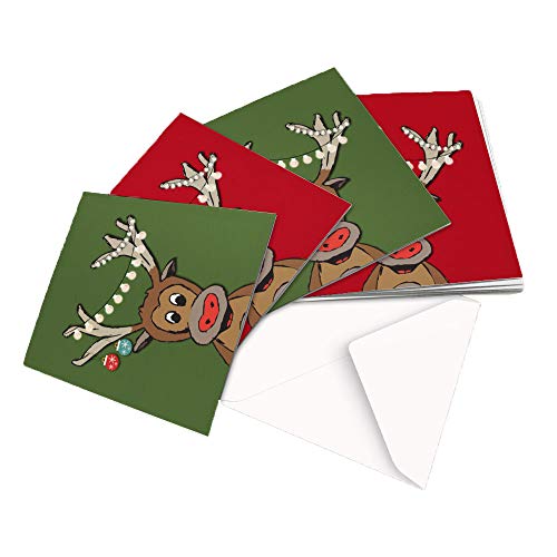 10 Christmas Cards 2 Designs Original Reindeer with Lights Illustration GRN+RED - Square Greeting Card X10