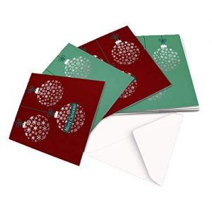 10 Christmas Cards, 2 Designs Snowflake Bauble Design Showing Green Ribbon - Square Greeting Card X10