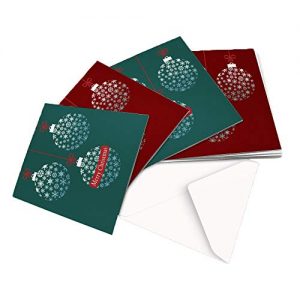10 Christmas Cards, 2 Designs Snowflake Bauble Design Showing RED Ribbon - Square Greeting Card X10