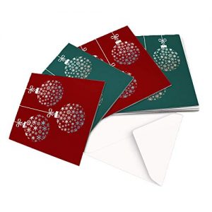 10 Christmas Cards, 2 Designs Snowflake Bauble Design in Green and RED - Square Greeting Card X10