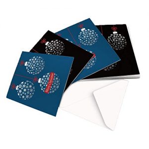 10 Christmas Cards, 2 Designs Snowflake Bauble Text Design in Blue and Black - Square Greeting Card X10