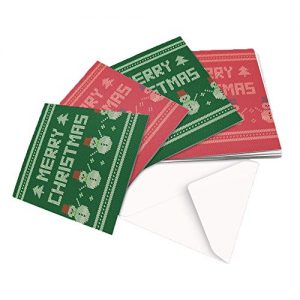 10 Christmas Cards,2 Designs Detailed Knitted Christmas Jumper Design Pink+Green - Square Greeting Card X10