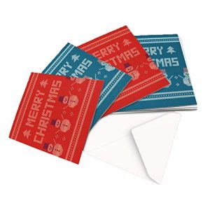 10 Christmas Cards,2 Designs Detailed Knitted Christmas Jumper Design RED+Blue - Square Greeting Card X10