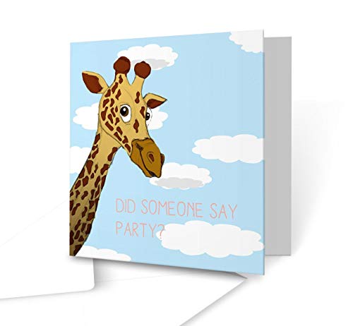 'Did Someone say Party?' Original Giraffe in The Clouds Illustration - Square Greeting Card