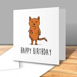 'Happy Birthday' Original Cat Holding Flowers Illustration - Square Greeting Card