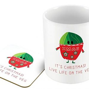 'It's Christmas, Live Life on The Veg' Funny Original Sprout Illustration - Mug & Coaster